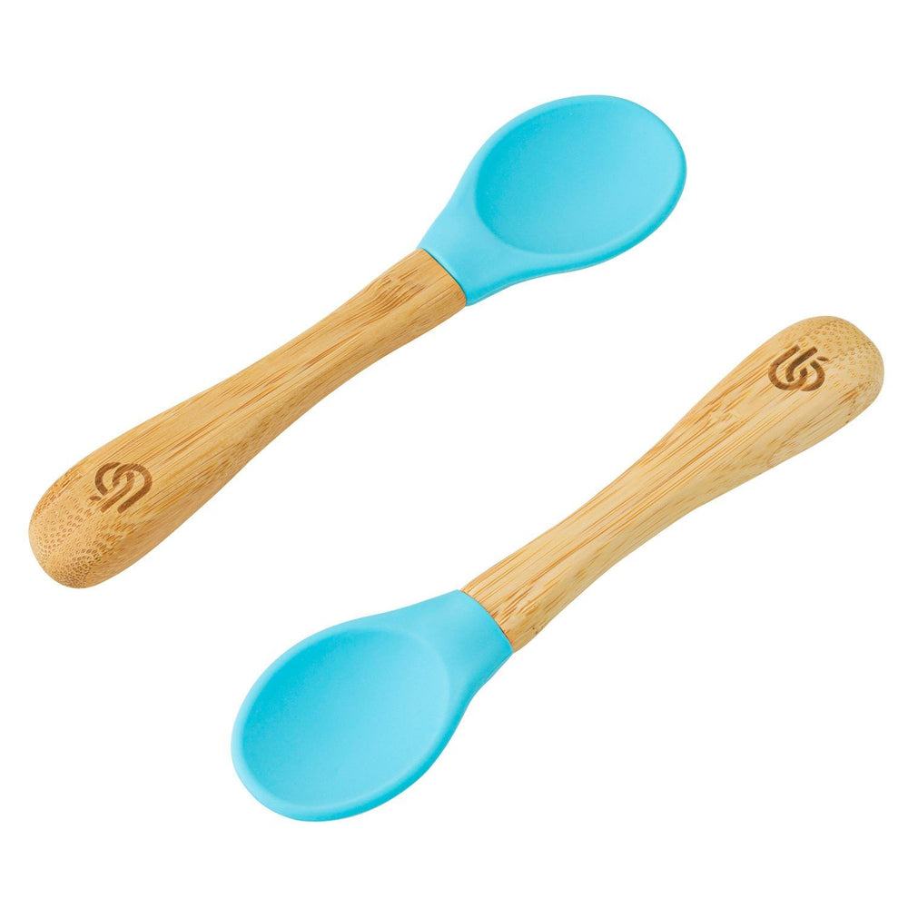 2 pack bamboo weaning spoons for babies and toddler, with ergonomic grip handles and removable silicone tips | Blue Colour